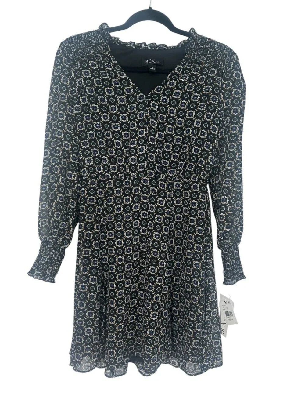 BCX Dress Small Black Floral Medallion Peasant Sleeve Smocked Boho Fit & Flare